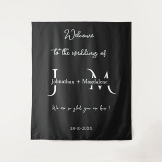 Tapete De Parede Desenho à mão Monograma de casamento elegante pret