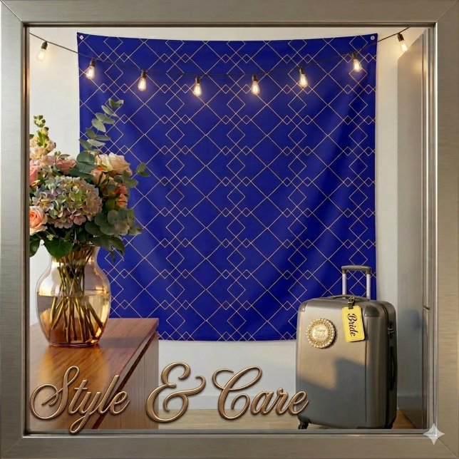 Tapete De Parede Desenho de Caixa Geométrica Dourada Elegante Azul  (Stylish Gold Geometric Box Design Navy Blue Tapestry)