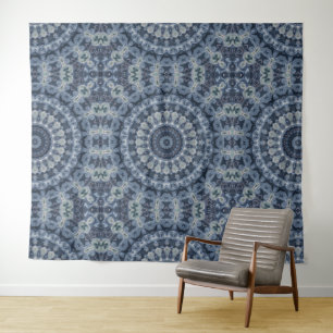 Tapete De Parede Desenho de Mandala Azul e Prateado