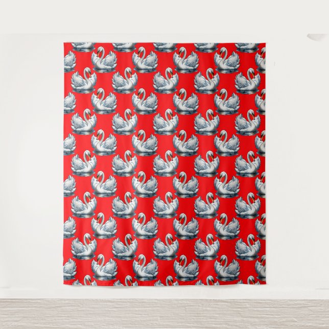 Tapete De Parede Desenho de padrão de aves cisne em vermelho (Frente)