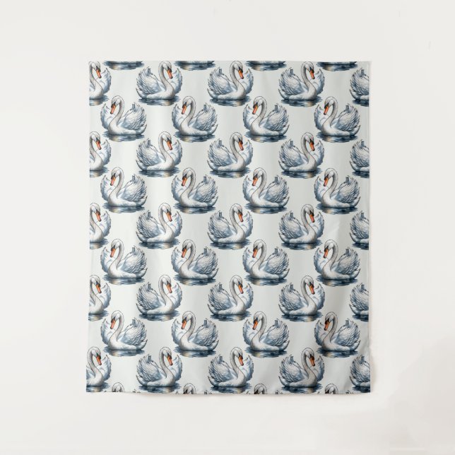 Tapete De Parede Desenho de padrão de aves cisnes em branco  (Frente)