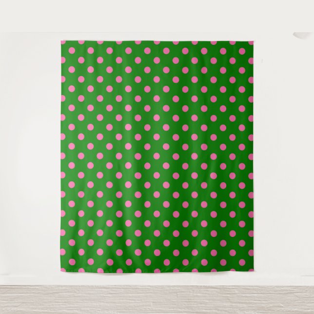 Tapete De Parede Desenho de padrão de bolinhas rosa sobre verde (Frente)