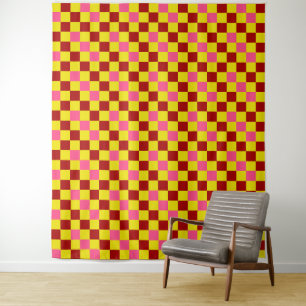 Tapete De Parede Desenho de padrão xadrez vermelho amarelo rosa