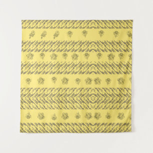 Tapete De Parede Desenho Manual Boho Floral Geométrico em Mostarda