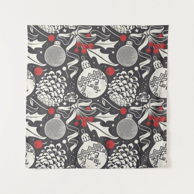 Tapete De Parede Desenho-Mão De Natal: Mistletoe Pine Seamless. (Frente)
