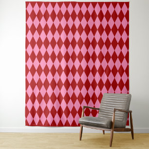 Tapete De Parede Desenho Xadrez Arlequim Rosa Vermelho