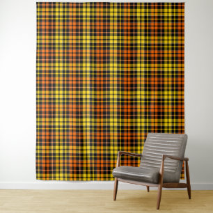Tapete De Parede Desenho Xadrez Tartan Preto Amarelo Laranja 