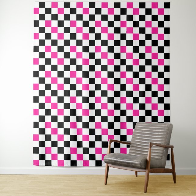Tapete De Parede Design de padrão xadrez rosa preto e branco  (In Situ)