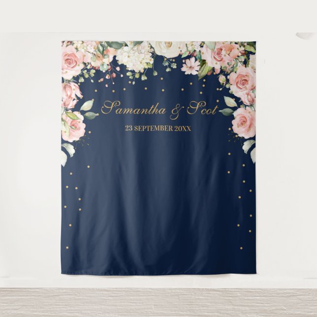 Tapete De Parede Deslumbrante casamento boho floral rosa e azul mar (Frente)