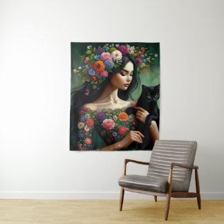 Tapete De Parede Deusa Floral Mística com Gato Preto – Arte Fantást