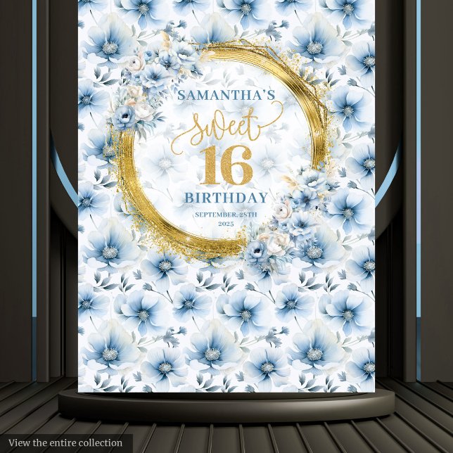 Tapete De Parede Doce Azul Personalizado 16 Glitter Dourado (Personalized Dusty Blue Sweet Sixteen Gold Glitter Tapestry)