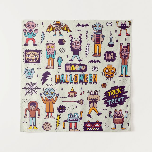 Tapete De Parede Dodles de Halloween, desenho de desenho animado. (Frente)