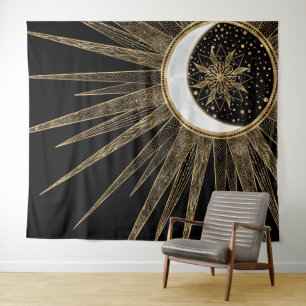 Tapete De Parede Dótulos Dourados Elegantes Sol Lua Mandala Black 