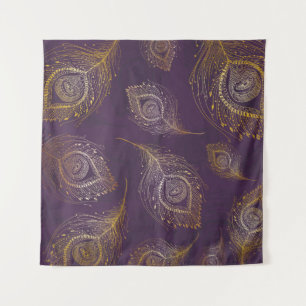 Tapete De Parede Dourada pena de pavão, fundo violeta.
