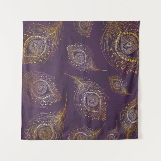 Tapete De Parede Dourada pena de pavão, fundo violeta. (Frente)