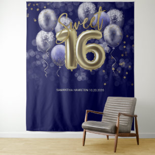 Tapete De Parede Dourado Sweet 16 Balões de Dias Fundo Azul Real