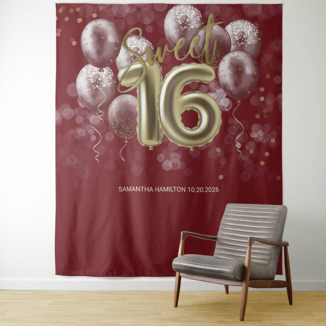 Tapete De Parede Dourado Sweet 16 Bday Balloons Burgundy Fundo (In Situ)