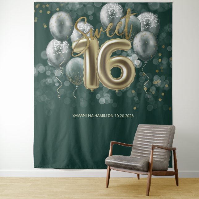 Tapete De Parede Dourado Sweet 16 Bday Balloons Emerald Green Backd (In Situ)