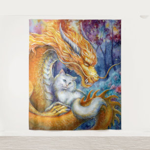 Tapete De Parede Dragão Fiery e Gato Branco em Floresta Mística