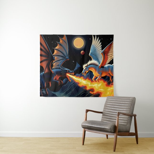 Tapete De Parede Dragão que respira fogo e Pegasus (In Situ (Horizontal))