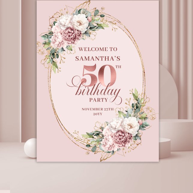 Tapete De Parede Dreamy Blush Floral 50th Birthday Photo Backdrop (Dreamy Blush Floral 50th Birthday Photo Backdrop)