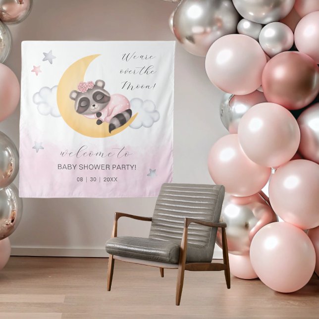 Tapete De Parede Dreamy sobre o Chá de fraldas Moon Raccoon Girl (Dreamy Over the Moon Raccoon Girl Baby Shower Tapestry)
