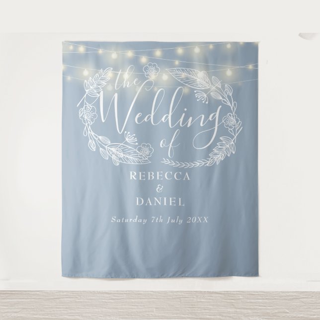 Tapete De Parede Dusty Blue String Luzes Foto de Casamento (Frente)