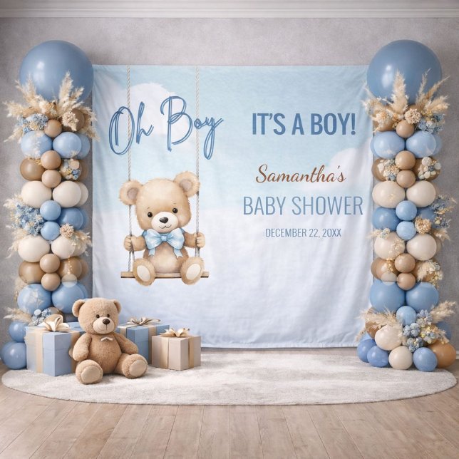 Tapete De Parede É um Chá de fraldas de Urso Menino (Soft blue baby shower backdrop styled with balloon columns and neutral pampas decor)