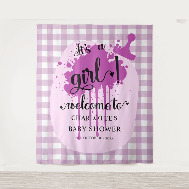 Tapete De Parede É uma garota! Chá de fraldas Roxo Gingham (Frente)