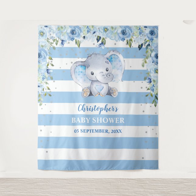 Tapete De Parede Elefante bebê blush floral prata Baby Shower (Frente)