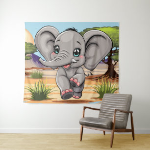Tapete De Parede Elefante Bebê Pulando Feliz em Savana Africana