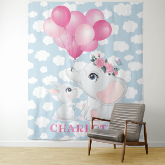 Tapete De Parede Elefante Feminino e Coelho com Flores e Balão
