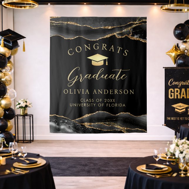 Tapete De Parede Elegant Black & Gold Graduation Party Backdrop (Modern black and Gold Agate marble congrats graduate backdrop)