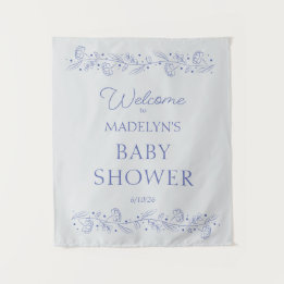Tapete De Parede Elegant Blue Floral Vines Baby Shower Welcome Sign