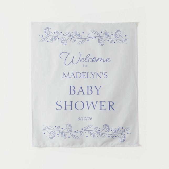 Tapete De Parede Elegant Blue Floral Vines Baby Shower Welcome Sign (Frente)