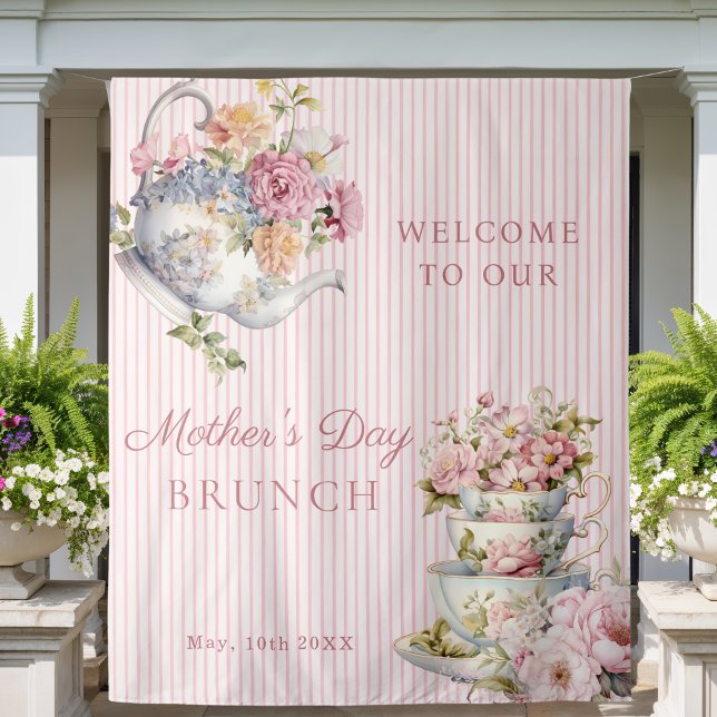 Tapete De Parede Elegant Floral Tea party Mother's Day Backdrop (Elegant Floral Vintage Tea Party decoration Mother's Day Backdrop)