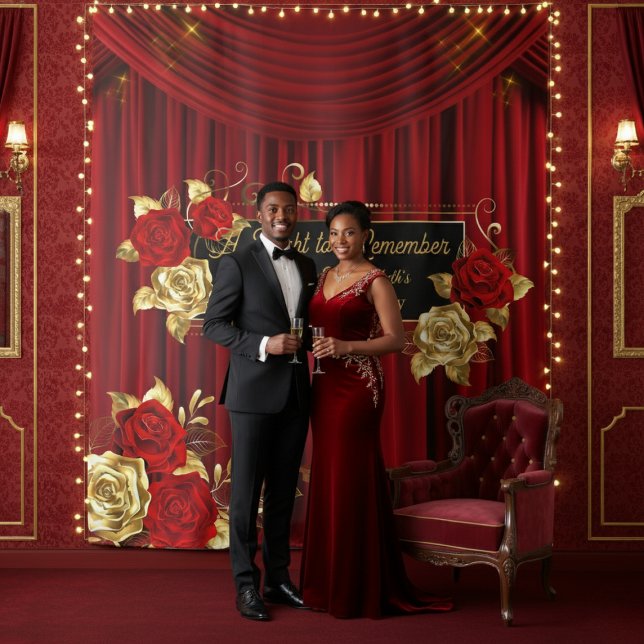 Tapete De Parede Elegant Red & Gold Floral Engagement Backdrop  (Criador carregado)