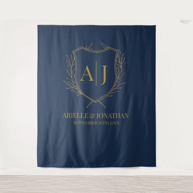Tapete De Parede Elegant Shield monogram wedding blue gold backdrop (Frente)