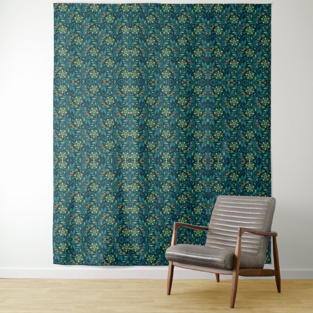 Tapete De Parede Elegant Yellow and Teal Floral Pattern Design (In Situ)