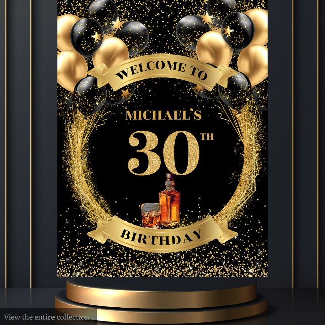 Tapete De Parede Elegante 30 Birthday Whiskey Party Banner (Elegant 30th Man Birthday Whiskey Party Banner)