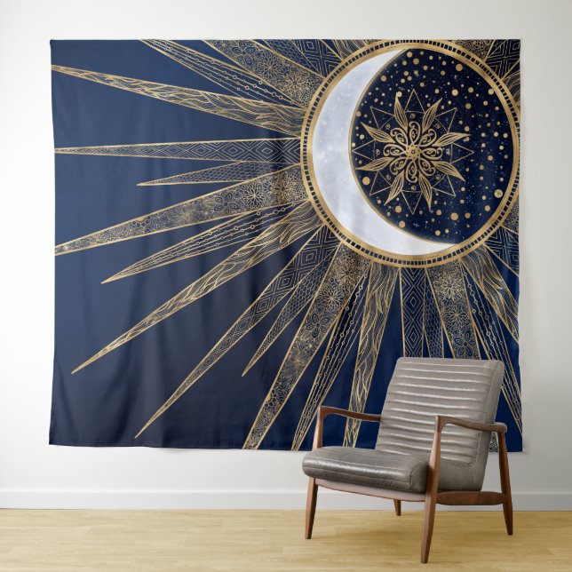 Tapete De Parede Elegante Blue Dourado Sun Moon Mandala (In Situ (Horizontal))