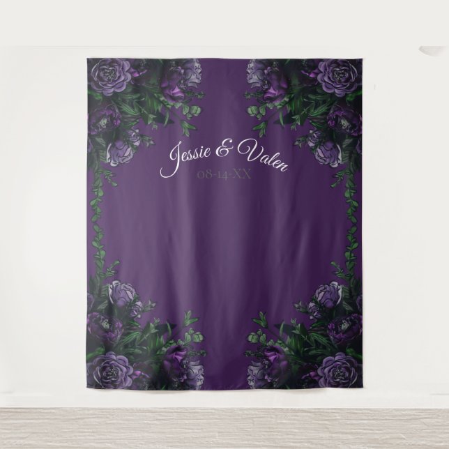 Tapete De Parede Elegante Casamento Floral Roxo Gótico (Frente)