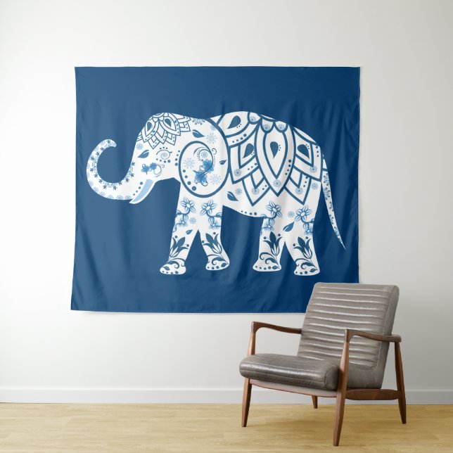 Tapete De Parede Elegante Elefante Azul com Padrão (In Situ (Horizontal))