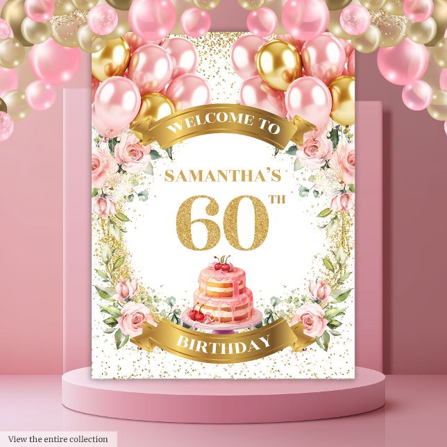 Tapete De Parede Elegante Faixa de Aniversário de 60 Anos em Dourad (Stylish 60th Birthday Blush Gold Watercolor Banner Tapestry)