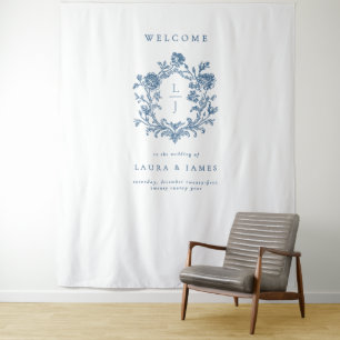 Tapete De Parede Elegante Monograma de Crista Floral Azul de Boas-V