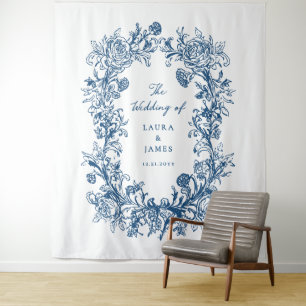 Tapete De Parede Elegante Monograma de Crista Floral Azul de Boas-V