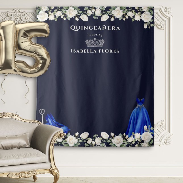 Tapete De Parede Elegante Quinceanera Floral Princess Dark Blue (Quinceanera Backdrop from the Princess Dress and Roses Quinceanera collection by Darling & May)