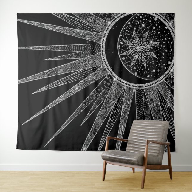 Tapete De Parede Elegante Silver Sun Moon Mandala Black Design (In Situ (Horizontal))
