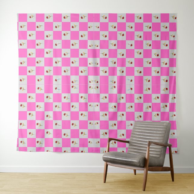 Tapete De Parede Elegante Xadrez Rosa e Branco Com Padrão de Flor (In Situ (Horizontal))