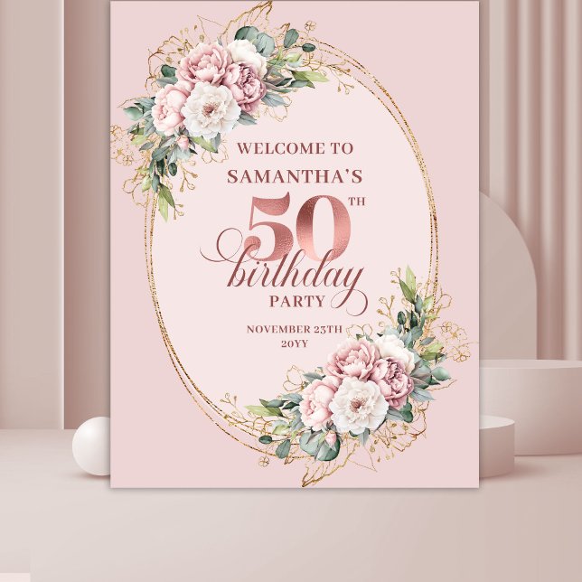 Tapete De Parede Elegantes Flores de Blush Dourado Rosa para 50º An (Elegant Rose Gold Blush Flowers 50th Birthday Party Tapestry

)